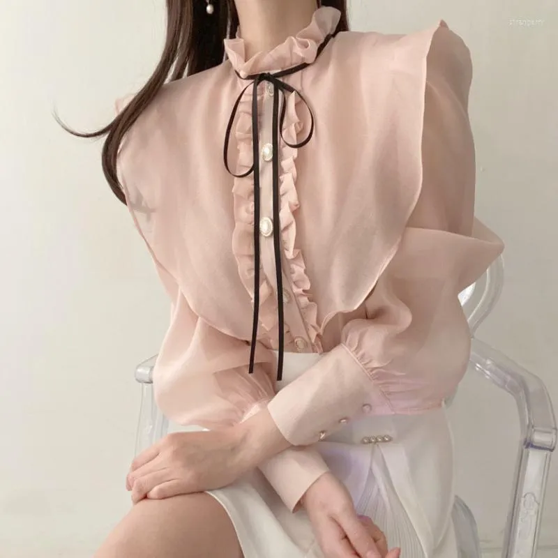 Frauen Blusen Korea Fashion Solid Tops Bogen Spitze Up Büro Damen Elegante Rüschen Dünne Shirts Frauen Blusas Chemise Femme 99J