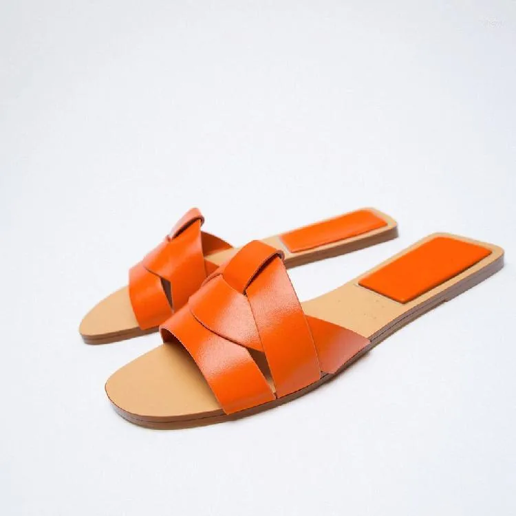 Sandals SOUTHLAND 2023 Summer Orange Fashion Babouche Shoes Cross Leather Lace Slippers Lazy Beach Holiday Flatties