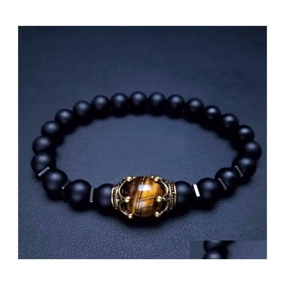 Hebras de cuentas Tigres naturales Ojo Corona en forma de pulsera de cuentas para hombre Joyería de lujo Regalo Cadena de encanto trae buena suerte con cuentas 3377 Q2 D Dhfy9