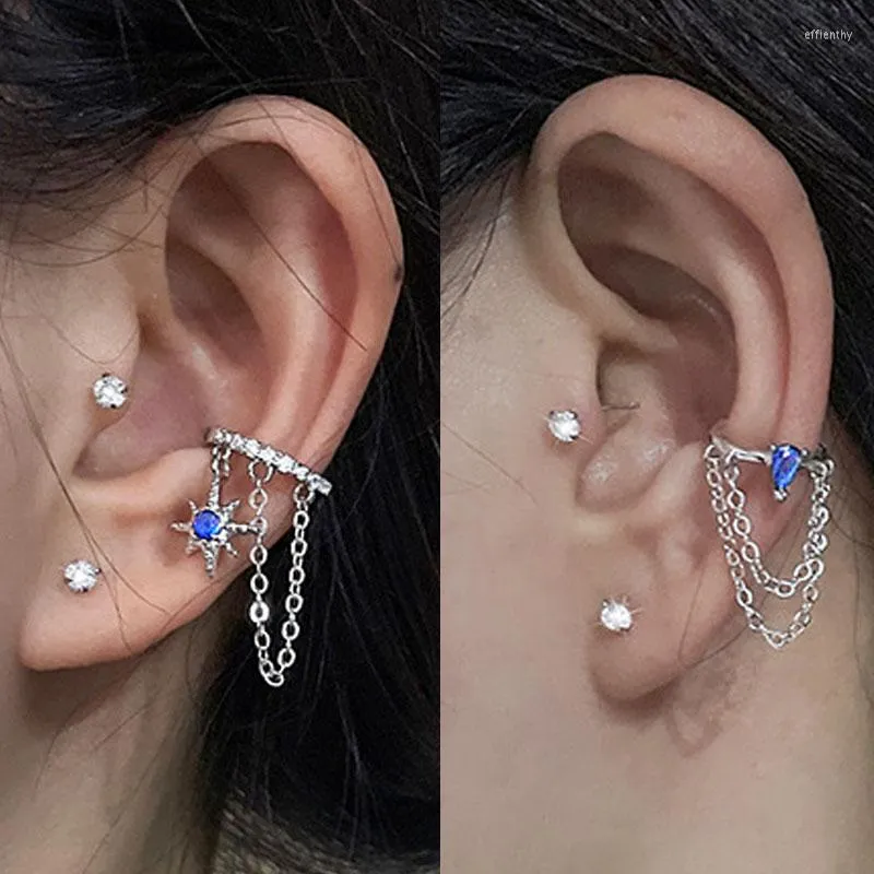 Sırtlar Küpe 2023 Moda Zirkon Earcuff Gümüş Renk Bağlantı Zinciri Püskül Klipi Sahte Piercing Earclip Delirilmemiş Kulak Manşet Mücevher