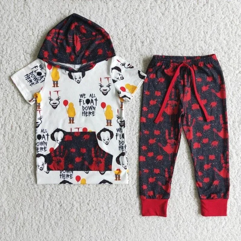 Giyim Setleri Toptan Butik Çocuklar Cadılar Bayramı Erkek Boy Kısa Kollu Set Çocuk Hoodie Cep Gömlek Kırmızı Pantolon Moda Kıyafet