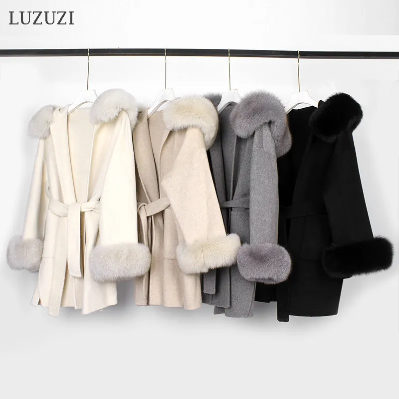 Dameswol Blends Luzuzi Elegant Real Fur Coat Winter Jacket vrouwen 100% natuurlijke bont kraagmanchetten Kasjmier wolmengsels overtollige bovenkleding 230130