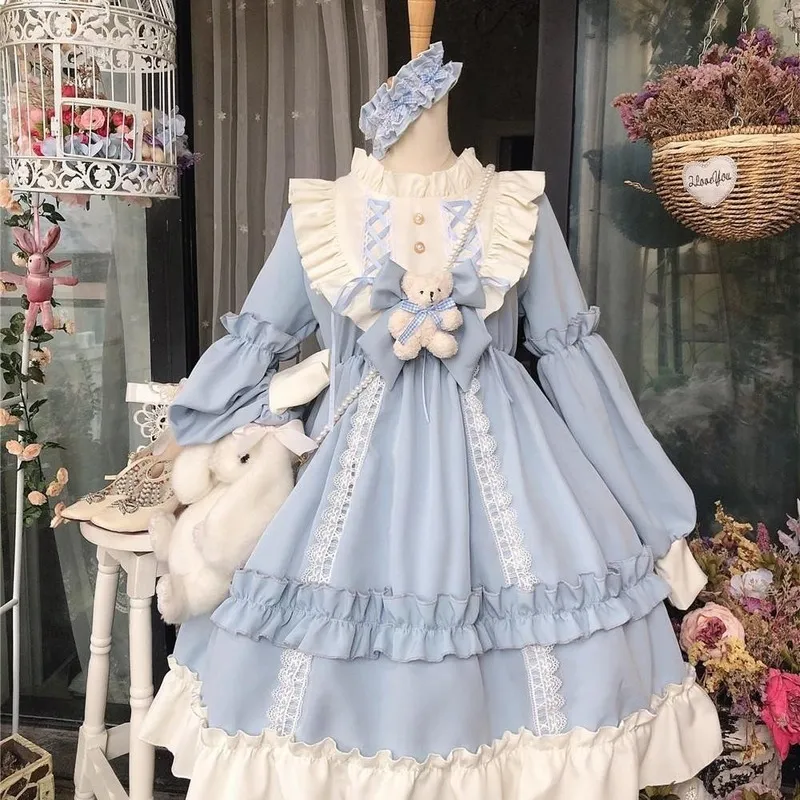 Sukienki swobodne japońskie gotyckie lolita Dres Kawaii Bow Bear Lace Blue Long Rleeve Princess Halloween Costume Prezent dla dziewcząt 230130