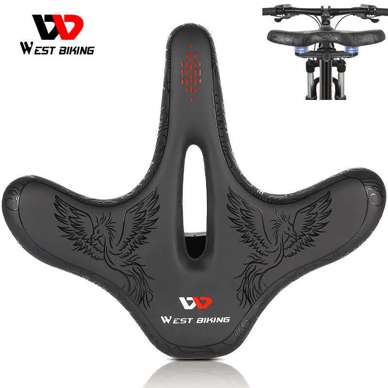 s WEST BIKING Widen Mountain Bike Shock Absorbing Comfortable Cycling Big Ass Cushion MTB Bicycle Saddle With Taillights 0130