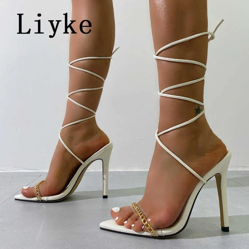 Witte sandalen voor vrouwen modeketendecoratie pvc transparante open teen enkel veter omhoog hoge hakken dames zomerschoenen 0129