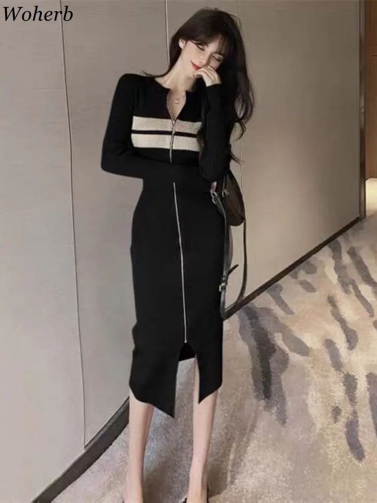 Casual Dresses Woherb Sexy Long Sleeve Knitted Dres Slim Temperament Elegant Elastic Y2k Bodycon Vestido Midi Zipper Korean 230130