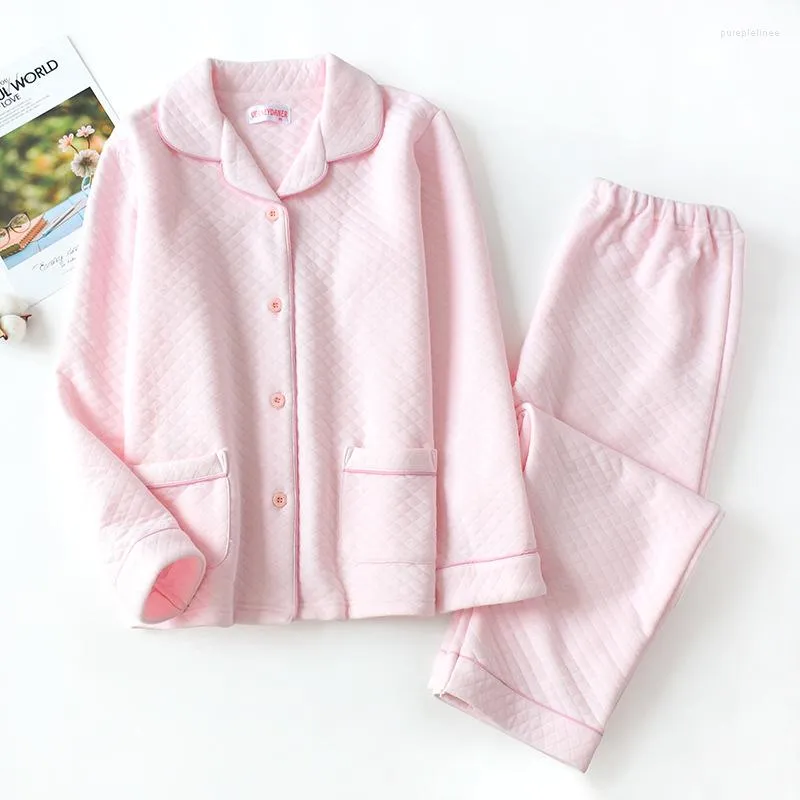 Kvinnors sömnkläder Höst- och vinterpyjamas damer Pure Cotton Långärmad tjock varm hemservice kostym fast färg cardigan