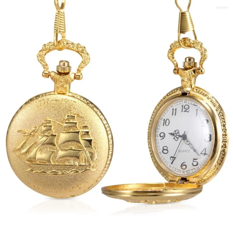 Карманные часы 1pc Мужчины Женщины Кварц Часы Золотой корабль резные чехлы с цепью IK88