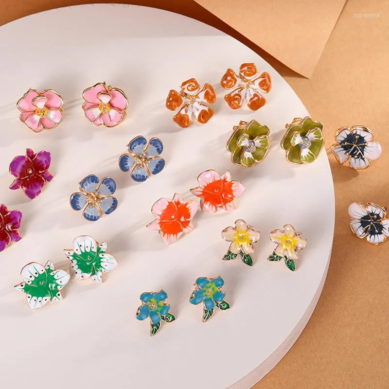 Backs Earrings Korean Vintage Handmade Enamel Flower Clip On Trendy Without Piercing For Girls Woman Cute Ear Clips Jewelry Wholesale