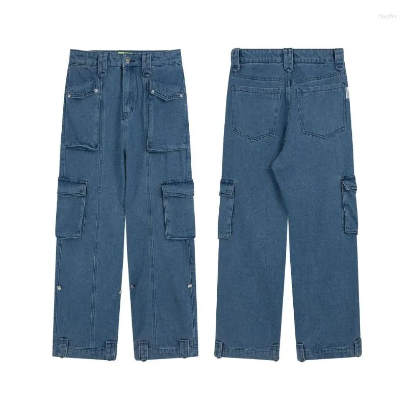 Jeans pour hommes bleu Multi poche hommes mode de rue Hip Hop pantalon droit Couple Harajuku décontracté ample taille haute Ropa Hombre