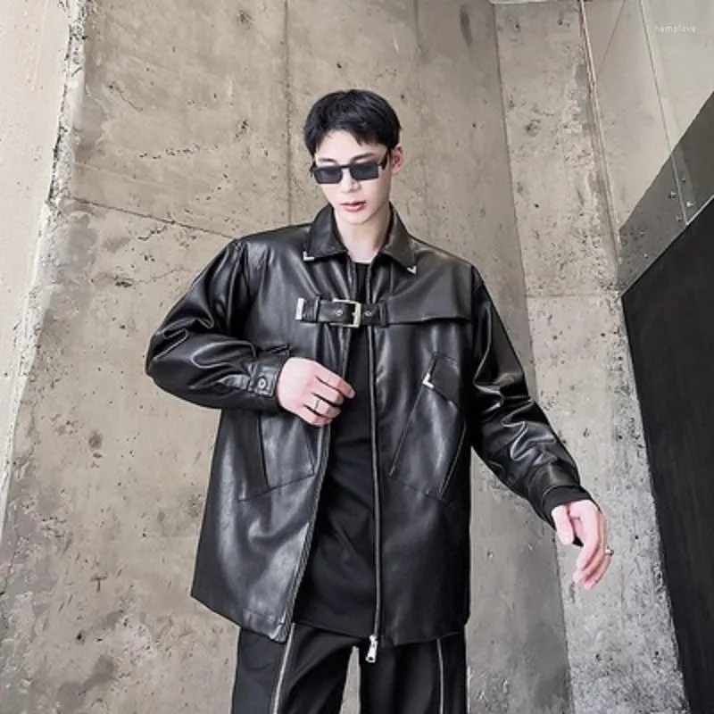 Herrenjacken Männer PU-Lederjacke Umlegekragen Metalletikettenband Original Designer Motormantel Koreanischer sozialer Langarm-Reißverschluss-Outwear