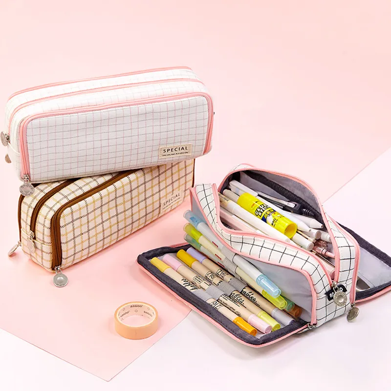 Pennväskor Angoo Dual Side Open Pen Case Bag 3 Fack Multi Color Grid Prickar Pocket Staying Pouch Stationery School A6899 230130