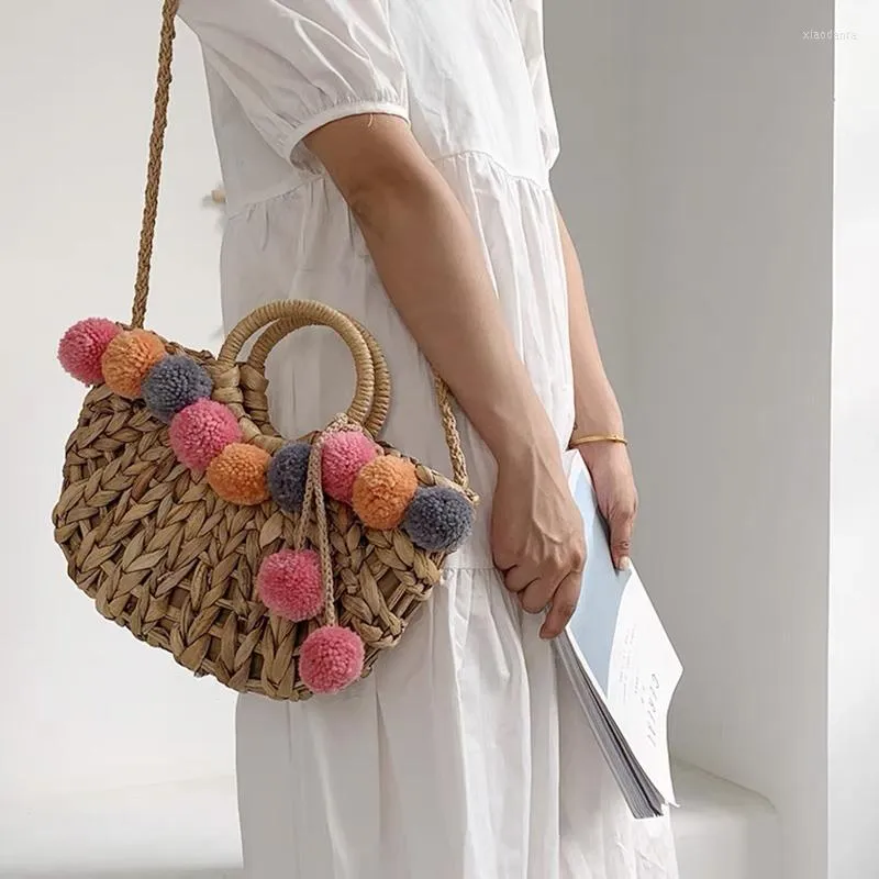 Storage Bags Handmade Rattan Woven Straw Crossbody Bag Summer Beach Women Messenger Shoulder Girl Handbag With Colorful Balls