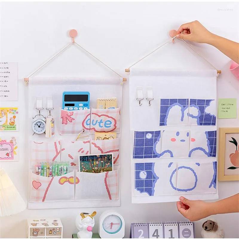 Sacs de rangement Kawaii Animal mural sac filles suspendus école bureau papeterie 7 poches multicouche placard