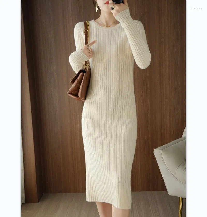 Casual Dresses 2023 Autumn Winter Cashmere Dress Ladies Round Neck Long-sleeved Drawstring Long Skirt Woolen Knitted Bottoming