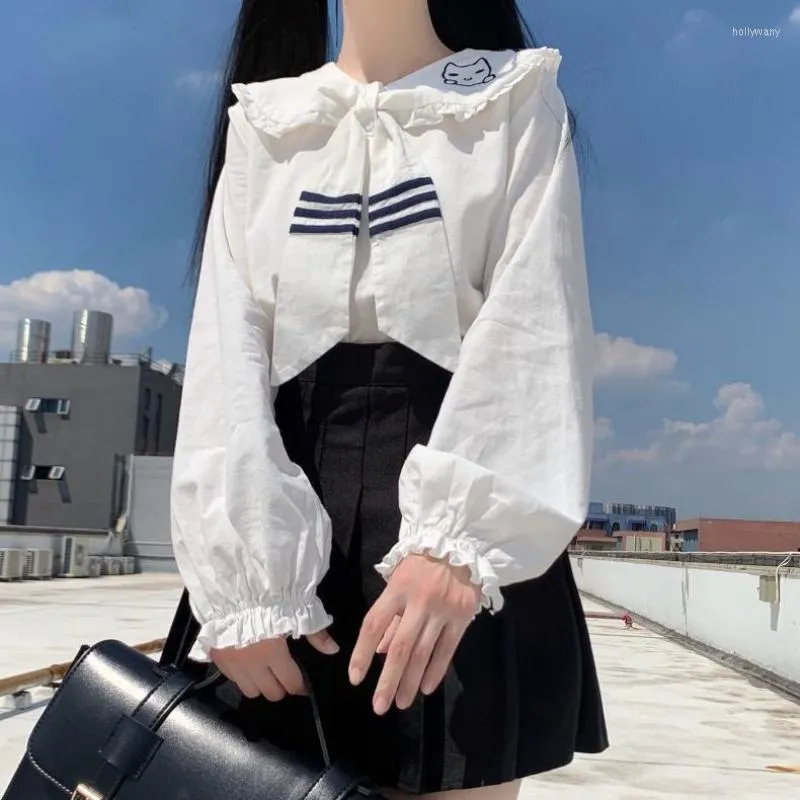 Women's Blouses Kawaii Lace Lolita Women Shirts Fashion Autumn Japanese Style JK Uniform Blouse Sailor Collar Cartoon Embroidery Long Sleeve