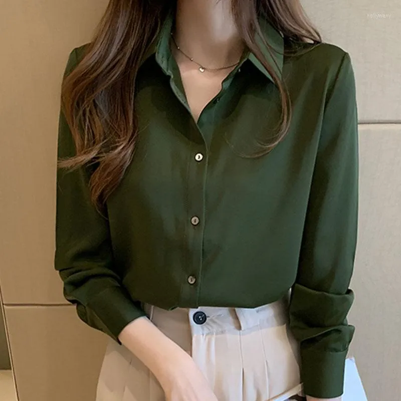 Kvinnor Blusar Roupas Femininas 2023 Vit långärmad toppknapp Chiffon Green Shirt Kvinnor Kläder Solid Blusas Kvinnliga elegantes