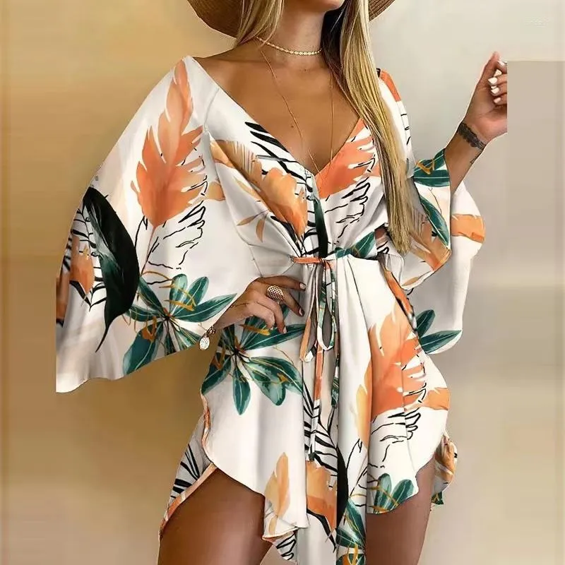 Casual Dresses Women Sexy V Neck Lace-up Floral Print Mini Dress Flared Sleeves Ladies Party Summer Beach Elegant2024