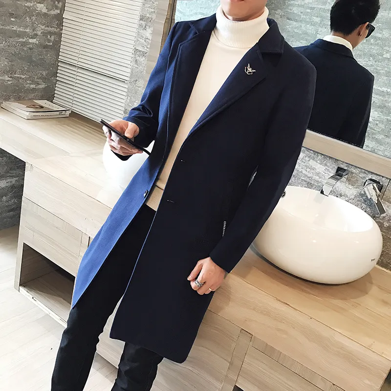Winter Wool Trench Coat Men Long Essentielemens Black Trench Coat