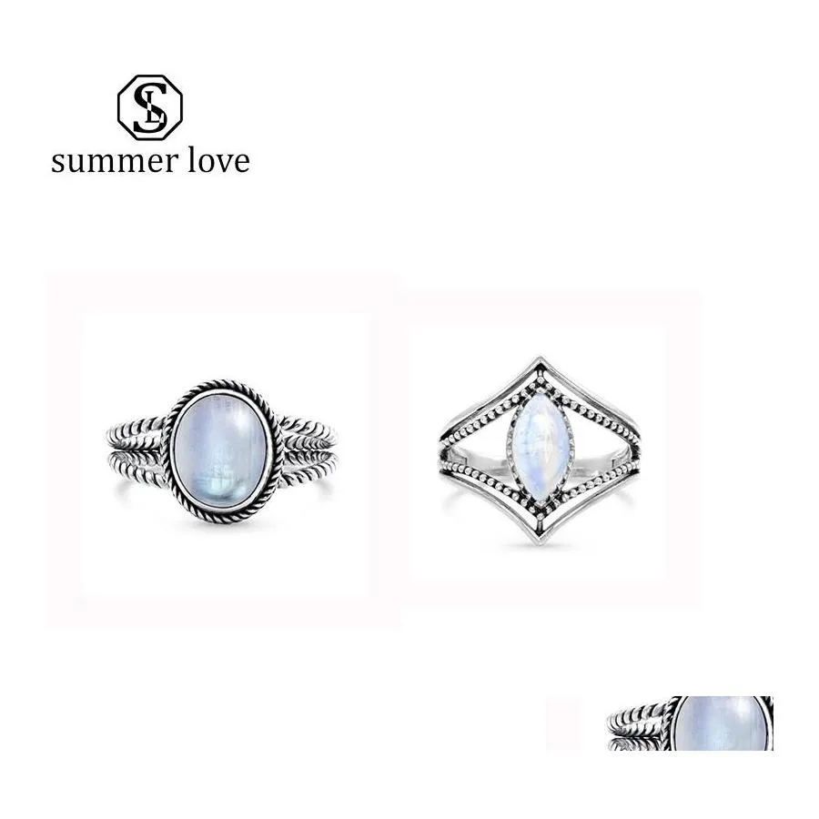 Band Rings Vintage Artificial Moonstone Women Sier European Fashion Punk Style Свадебное обручальное ювелирное украшение Оптовые Z ​​Drop Deliver Dhw7n