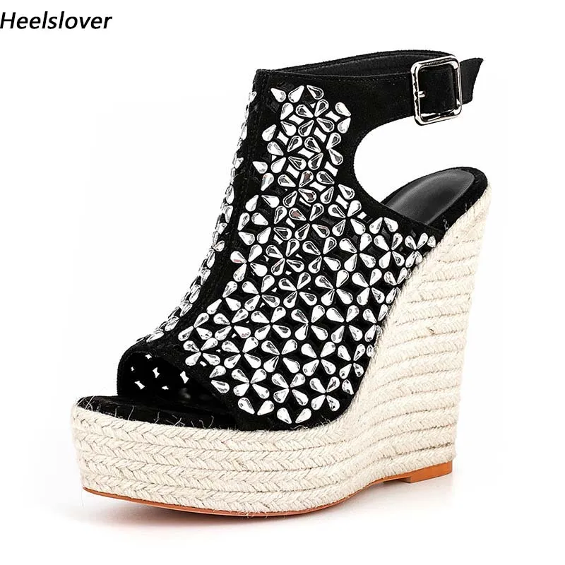 Heelslover Women Summer Sandals Rhinestone Sexy Wedges Heels Round Toe Pretty Black Banquet Shoes Ladies US Size 5-13