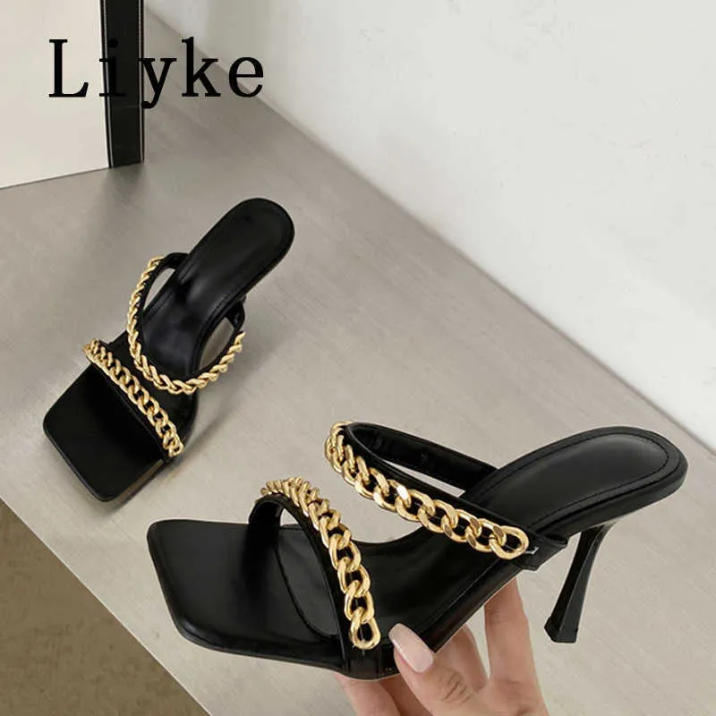 Sexy Square Toe Mule High Heels Slipper Stripper Summer Fashion Black Slip on Slides Frauen Party Kette Sandalen Schuhe Pumps 0129