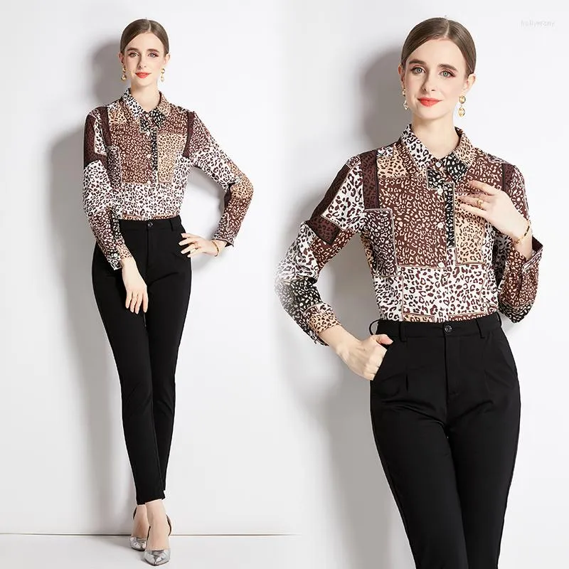 Blouses voor dames mooi het hele seizoen luipaard graan print revers kraag met lange mouwen dames nobel temperament slanke ol werkkleding boven shirt blouse