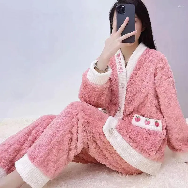 Women's Sleepwear Autumn Winter Pajamas Set Women Loungewear Fleece Long Sleeve Flannel Pyjamas Homewear Ladies Warm Nightwear