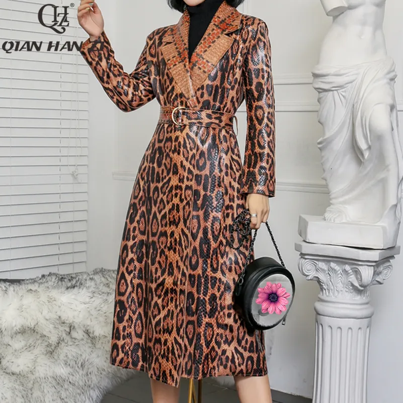 Kvinnors trenchockar Qian Han Zi Designer Kvinnors Casual Leopard Trench Coat Oversize Vintage Snake Patent Leather Washed Outwear Belt Slim Clothing 230130