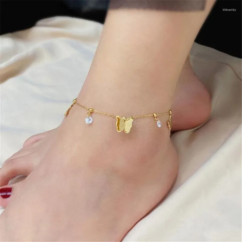 Anklets Classic Gold Color Plated Butterfly Bohemia Chain for Women Crystal Beach Barefoot Sandal Armband Ankel på benet