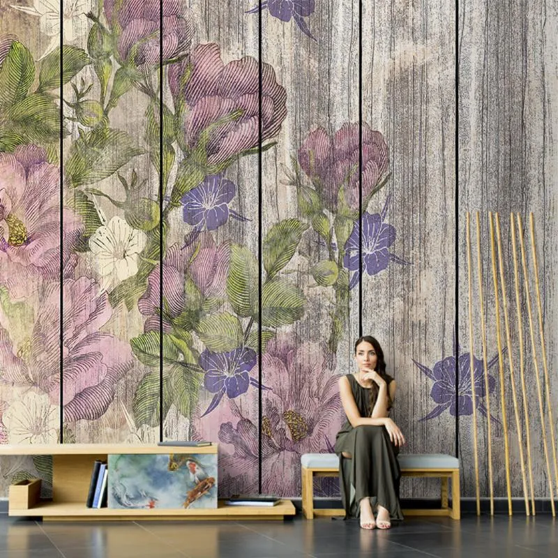 Tapeten 3D Nordic Abstrakte Vintage Holzmaserung Blumentapete Wohnkultur Wandbild Für Wohnzimmer Schlafzimmer