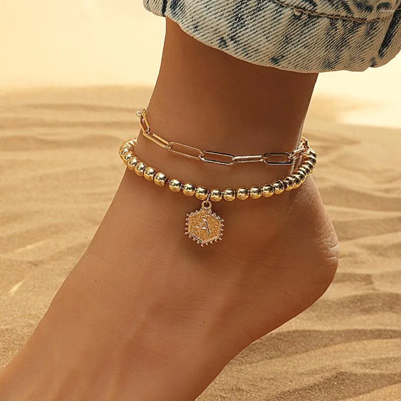 Anklets Design Creative Beach Geometric Double Layer Anklet Set Gold Poled Initial for Women Sieraden