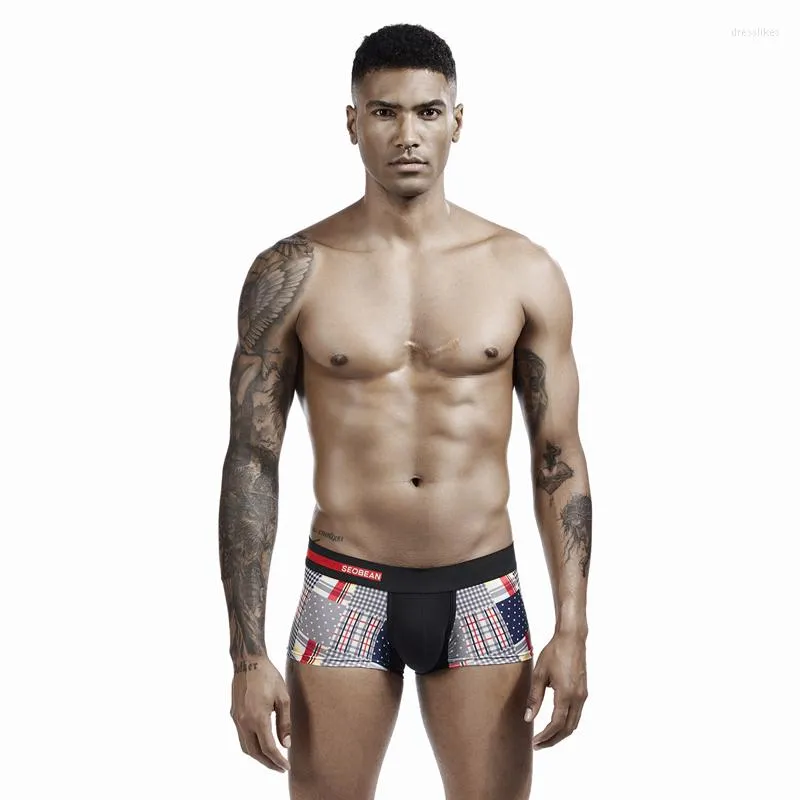 Mutande 2023 Marca SEOBEAN Biancheria intima stampata da uomo Boxer a U-convesso in cotone a vita bassa Pantaloncini boxer sexy traspiranti maschili