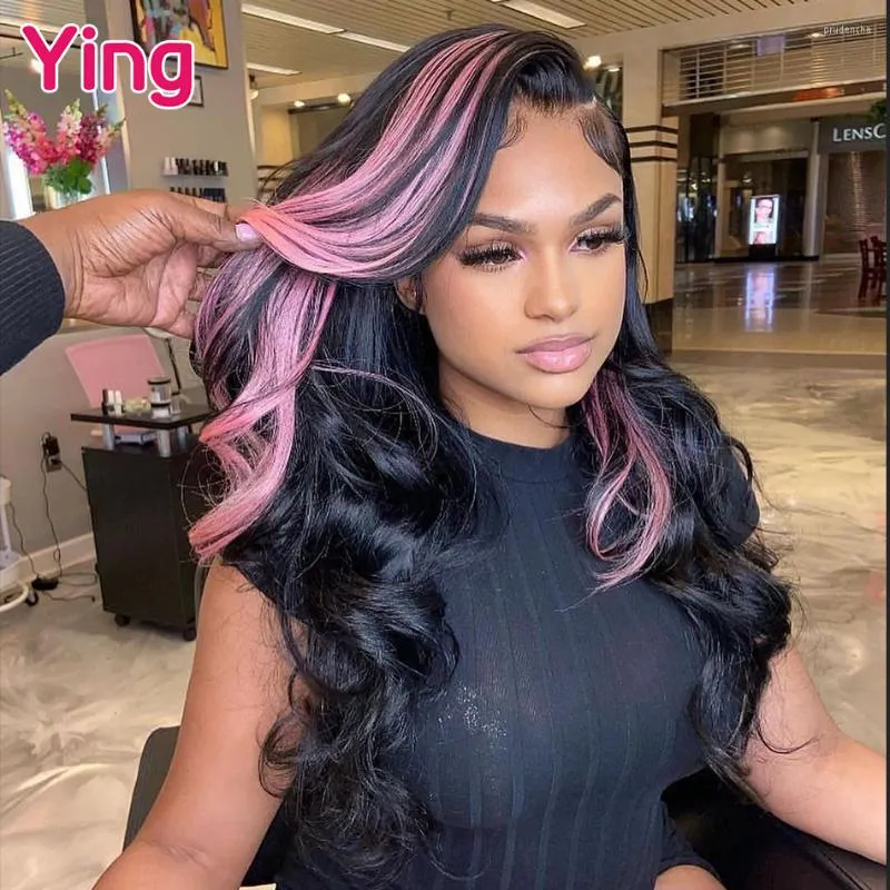 Ying Light Pink Highlight Colored 13x4ボディウェーブヒューマンヘアレースフロントウィッグ180％ブラジルレミー13x6透明フロント