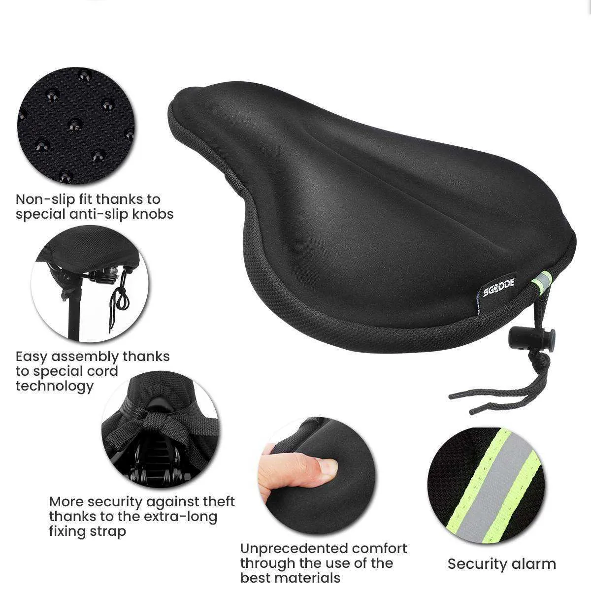 Selles SGODDE 27x26 cm selle en mousse à mémoire de forme confortable respirant siège de vélo réfléchissant pour vtt E-Bike Pad avec housse imperméable 0130