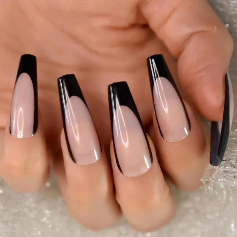 False Nails Coftin Coft Black Edge 디자인 손톱으로 길고 가짜 아크릴 매체에 24 개 PC의 예술 도매