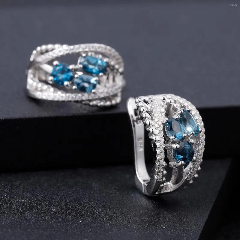 Sırtlar Küpe Gem'in Balesi 925 STERLING Gümüş Taş 1.6ct Doğal Londra Blue Topaz Klipli Kadın Mücevherleri için Doğum Taşı