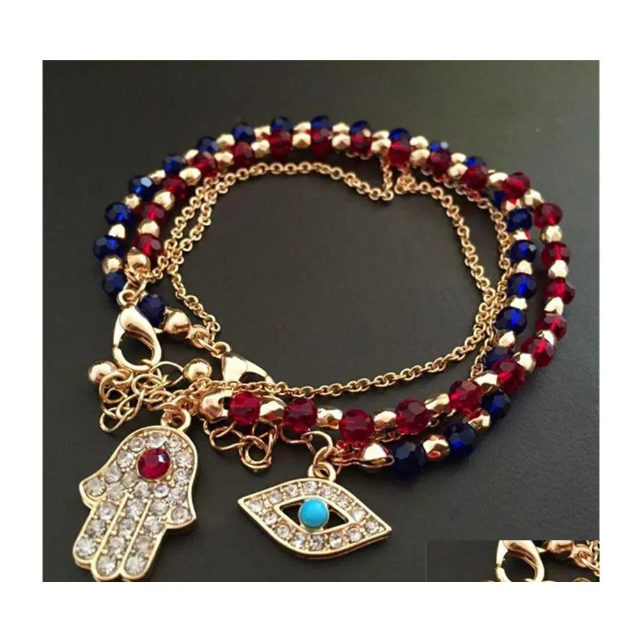Очарование браслетов счастливчика Фатима Хэмса рука Голубая глаз глаз Bangles Mtilayer Beads Турецкие ювелирные изделия для женщин 641 K2 Drop Delivery dhxly