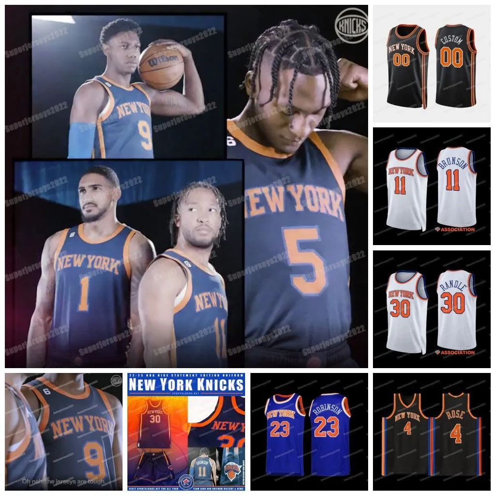 Anpassad NY 11 Jalen Brunson Knick 2022 Basket Jersey Julius Randle Evan Fournier 23 Robinson Derrick Rose RJ Barrett Isaiah