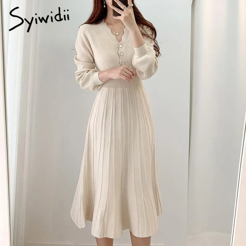 Casual Dresses Syiwidii Elegant Knit For Women Fall Winter 2023 Korean Long Sleeve Button Up V Neck A Line Sweater Midi Dress Black