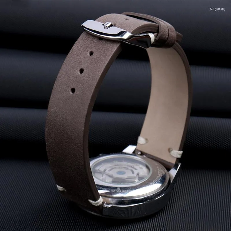 Bands de montres Bande en cuir authentique 18 mm 20 mm 22 mm Brown Grey Black Crazy Horse Calfskin Bracelet Deli22