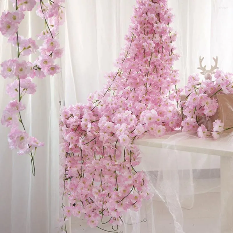 Dekorative Blumen 210 cm künstliche Girlande Seide Sakura Kirschblüte gefälschte Reben Rattan Pflanzen Efeu Kranz Wand Hochzeit Dekor