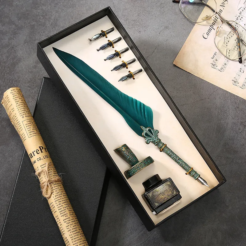 Oumefar Feather Dip Pen Set - Antique Calligraphy Writing Pen With 5 Nibs, Gift Box (Blue) - View #7