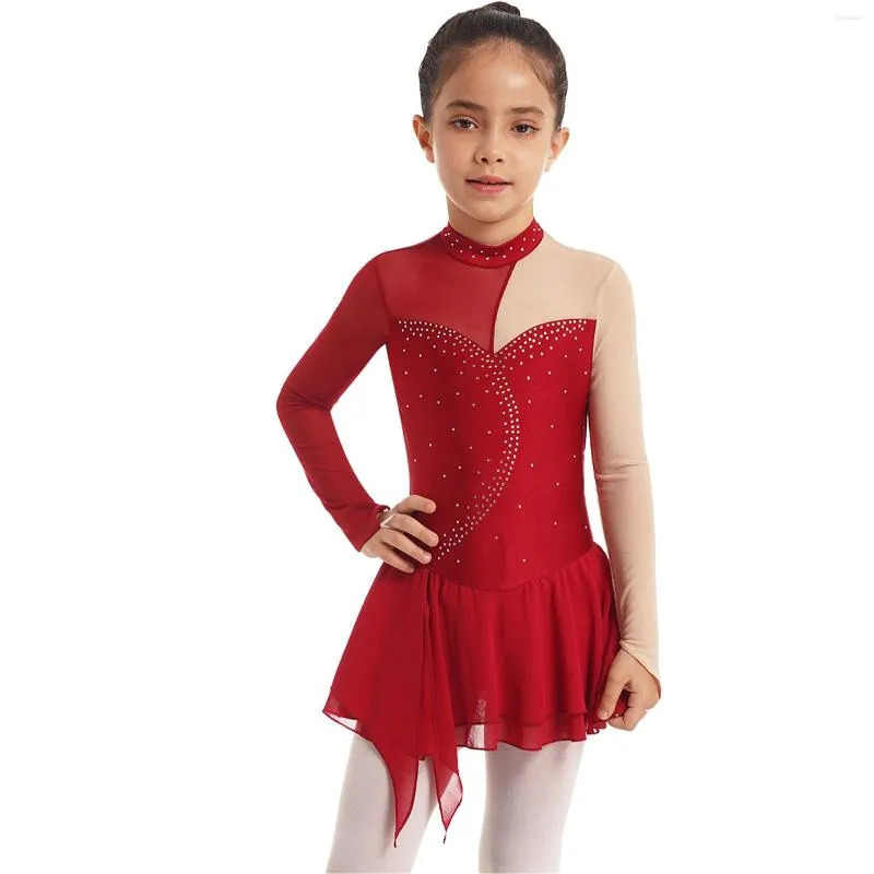 Bühnenkleidung Kinder Mädchen Ballettkleid Langarm Rundkragen Patchwork Stil Hohlrücken Strass Verziert Eiskunstlauf Tanz