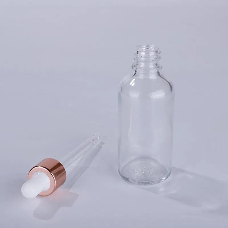 Flacons compte-gouttes de parfum en verre transparent 5-100ml, récipients vides pour huiles essentielles cosmétiques avec couvercles Rose doré