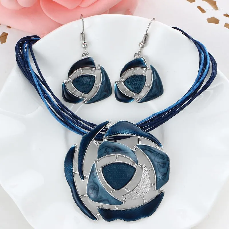 Necklace Earrings Set Retro Blue Enamel Round Hollow Pendant Bridal Wedding For Women Lucite Drop