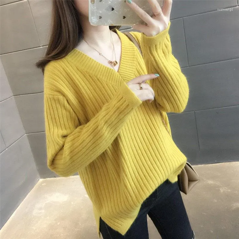 Women's Sweaters AECU Women Sweater Casual Loose V Neck Knitted Jumpers For Long Sleeve Pullovers Streetwear Winter 2023