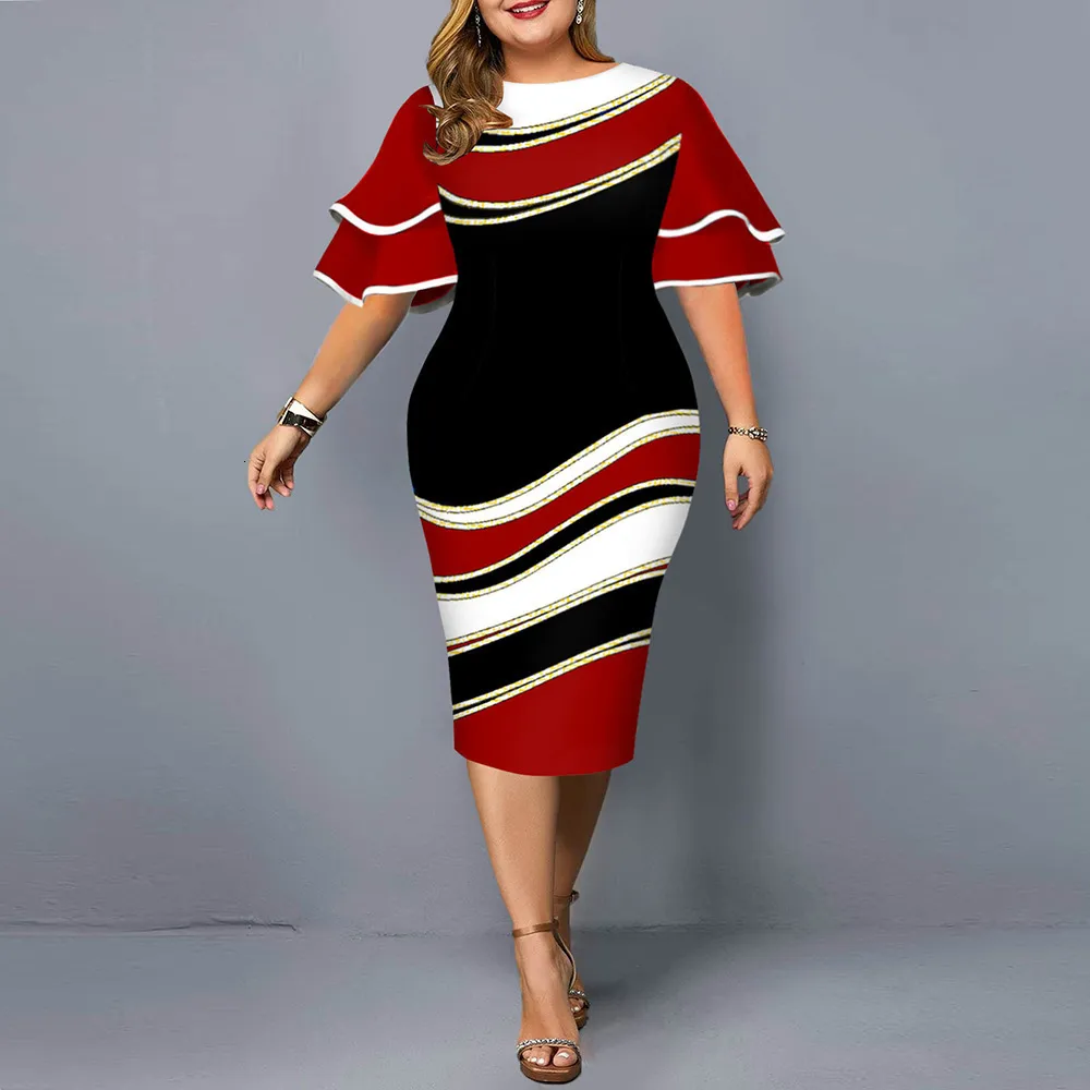 Plus size Dresses Size Y2k Curve Clothes for Women Ripple Printing Double Sleeves Aesthetic Clothing Christmas Bodycon 230130