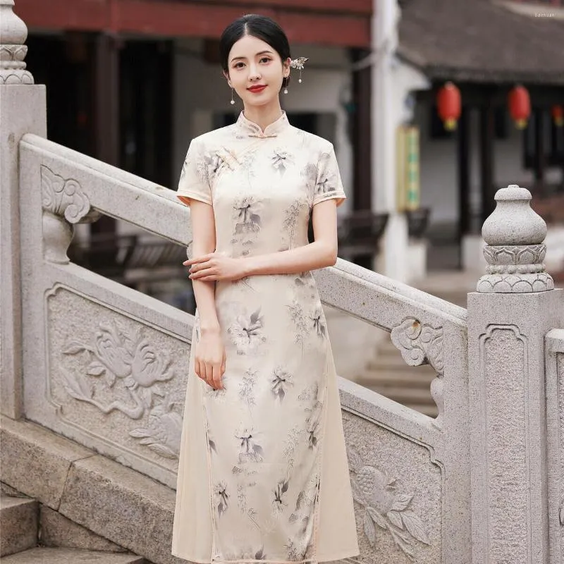 Ethnic Clothing FZSLCYIYI Elegant Mandarin Collar Short Sleeve Printed Satin A-Line Qipao Handmade Button Aodai Chinese Wedding Cheongsam