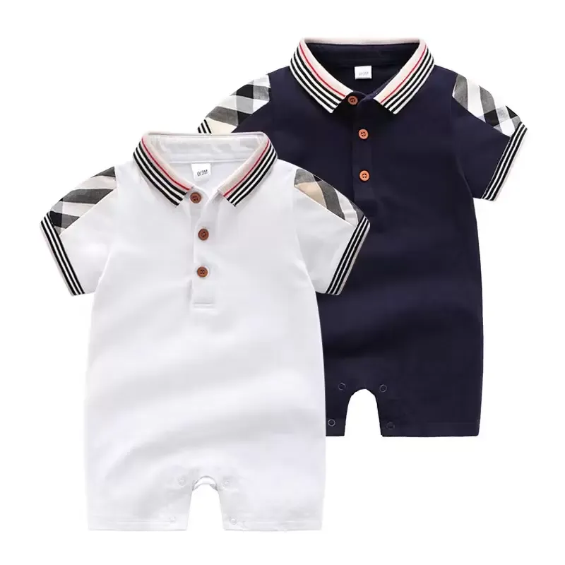 2023 Neonati Bambini Tute Pagliaccetti Unisex Cotone purificato Estate Colletto rovesciato Plaid Solido Manica corta Fascia d'età 50-85 CM Reticolo Pagliaccetti Abbigliamento all'ingrosso